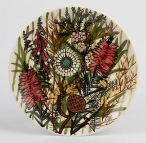 MARTIN BOYD pottery plaque with hand-painted wildflower decoration, incised "Martin Boyd, Australia", 26cm diameter.