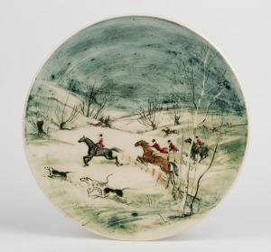 MARTIN BOYD pottery plaque with hand-painted fox hunting scene, incised "Martin Boyd, Australia", 29.5cm diameter.