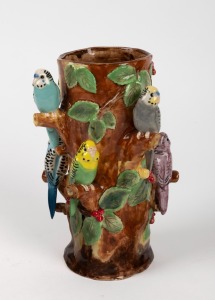 ANITA REAY pottery vase with applied budgerigars, impressed mark to base, 22cm high.
