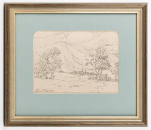 JOHN MATHER (1848-1916), (town in mountain landscape), pen and ink, signed lower left "John Mather, 1889", 14 x 19cm, 28 x 32cm overall.