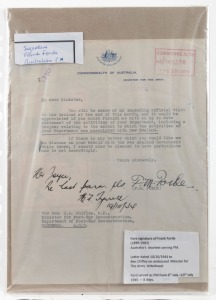 FRANK FORDE (1890-1983, Australian Prime Minister): Signed letter on Commonwealth of Australia Minister For The Army letterhead, dated 10th October 1944, addressed to J.B. Chifley (later Prime Minister) regarding an impending official visit to New Zealand
