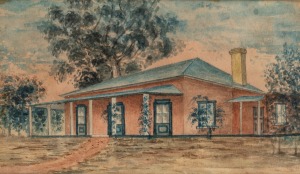 ARTIST UNKNOWN, (farmhouse), watercolour, ​​​​​​​13 x 22cm, 32 x 41cm overall.