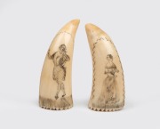A pair of scrimshaw whale's teeth with male and female portraits, ​​​​​​​9cm and 9.5cm high.