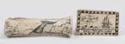 Two carved bone plaques with engraved whaling scenes, 17cm and 11cm wide.