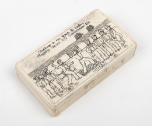 A whalebone snuff box with scrimshaw scene engraved "Skulking In His Watch & Lashes Flogging USS Constitution 1813", 10.5cm wide.