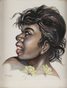 PEG MALTBY (1899-1984), (Aboriginal girl with butterflies), watercolour, signed lower left "P. Maltby", 30 x 25cm, 34 x 29cm overall.