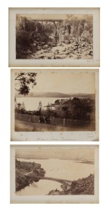 A. WINTER group of three antique albumen photographs laid down on card, captioned: I.) Hobart Town, Tasmania, II.) Launceston, Tasmania, III.) Near Launceston, Tasmania, the largest sheet size 14 x 19.5cm, attractively framed 35 x 38cm each overall.