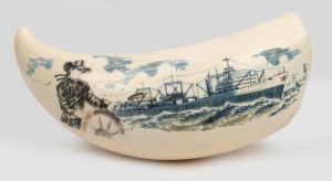 A Russian scrimshaw whale's tooth with hand-coloured ship portrait, titled verso, 20th century, 16cm long.