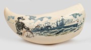 A Russian scrimshaw whale's tooth with hand-coloured ship portrait, titled verso, 20th century, 16cm long.