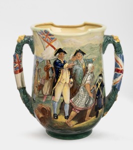 ROYAL DOULTON "Captain Cook" loving cup by Charles Noke, numbered 149/350, factory mark to base, 25cm high, 25cm wide.