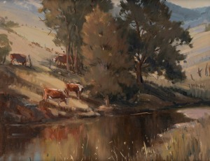 IAN N. STEPHENS (1946 - ), (cattle in landscape), oil on canvas board, signed centre right "Stephens", 40 x 50cm, 60 x 70cm overall.