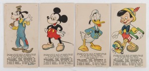 Disney character advertising for WILLIAMS' THE SHOEMEN PTY LTD: circa 1940s series of four cards printed by Renwick Pride (Melbourne) depicting Mickey Mouse, Donald Duck, Goofy and Pinocchio, with details of a competition printed at the foot of each card;
