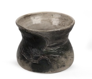 MERRIC BOYD pottery vase with hand-painted sgraffito landscape decoration, incised "Merric Boyd, 1937", ​​​​​​​8cm high, 11cm diameter.