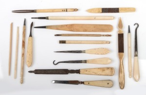 Assorted whalebone implements, 19th century, (17 items), the largest 15.5cm long.