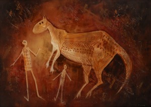 ARTIST UNKNOWN, (kangaroo and figures) oil on board, signed lower right "Thomas", ​​​​​​​47 x 67cm, 53 x 71cm overall.