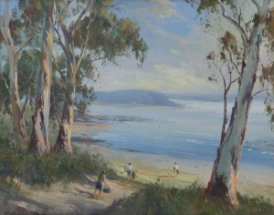 WYKEHAM PERRY (1936-2021), Going to the Beach, oil on canvas board, signed lower left "Wykeham Perry", 41 x 50cm, 53 x 63cm overall.