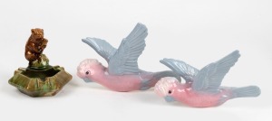 Australian pottery koala ashtray; together with two flying galah ornaments, (3 items), the koala 12cm high.