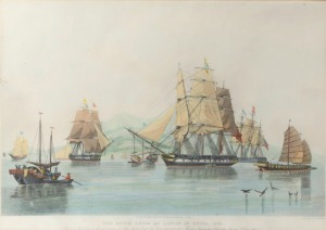 "THE OPIUM SHIPS AT LINTIN IN CHINA, 1824" antique hand-coloured engraving, 19th century, 62 x 77cm overall.