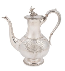 VICTORIAN POLICE INTEREST: Antique silver plated presentation teapot with parrot finial and engraved inscription "Presented To FRANCIS KNOX ORME, Esq. By The Townspeople Of Avoca On The Occasion Of His Removal From Their District As A Mark Of Their Personal Esteem And Grateful Respect For The Manner In Which He Has Discharged The Duties Of His Office During A Period Of Seven Years, Avoca, 1st July, 1862", 24cm high.