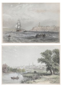 Two framed antique coloured engravings of Australian scenes: I.) MELBOURNE FROM THE YARRA by Nicholas Chevalier, II.) PORT PHILLIP HEADS by John Skinner Prout, 33 x 36cm each overall.