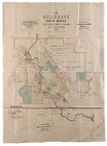 1888 linen-backed map depicting "The Hillgrove Gold Mines - Parishes of Metz & Cooney - County of Sandon N.S.W.", featuring two "Bonnar & Co. Mining Agents" handstamps, a manuscript note from an Armidale Survey Office official, as well as advertisements for Evans & Bromfield Auctioneers, Miner's Arms Hotel, and Hillgrove Hotel; 96 x 70cm.