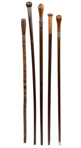 Five assorted Australian walking sticks including an interesting coloured leather segmented example and a blackwood example, 19th/20th century, the largest 94cm high.