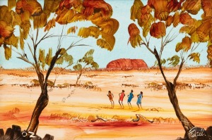 NICK PETALI (1932-2014), Indigenous Children Dancing, oil on board, signed lower right "Petali", 20 x 30cm, 25 x 35cm overall.