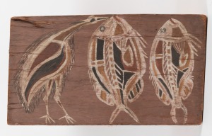 ARTIST UNKNOWN, (bird and two fish), natural earth pigment on bark (laid down on board), 31 x 56cm.