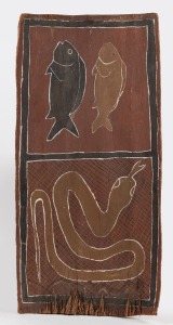 ARTIST UNKNOWN, (snake and two fish), natural earth pigment on bark, 37 x 75cm.