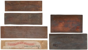 Six assorted copper engraved printing plates, mostly Victorian interest including "Miller & Drummond, Hamilton", "Dimboola Stores Limited", "Shire of Colac" and others, the largest 20.5cm wide.