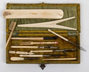 Assorted antique whalebone implements, glove stretcher, brush and busk, 19th century, (12 items), ​​​​​​​the largest 17cm long.