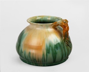 REMUED green glazed pottery vase with branch handle, incised "Remued 157L", 14cm high, 19cm wide.