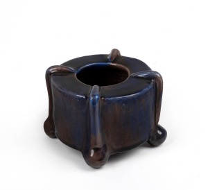HARVEY SCHOOL pottery bowl with purple and blue glaze, incised monogram "C.J.M. 1921, Q", 7.5cm high, 11cm wide.