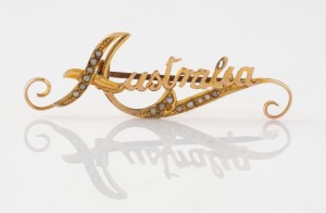 DUGGIN, SHAPERE & Co. of Melbourne antique 9ct gold and seed pearl "AUSTRALIA" brooch, 4.7cm wide, 2.3 grams.
