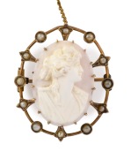 SIMONSEN of Melbourne antique Australian 9ct gold, seed pearl and carved shell cameo portrait brooch, 19th century, 3.5cm high, 6.8 grams total.