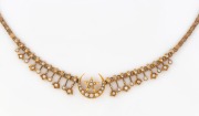 An antique Australian 15ct gold necklace adorned with crescent and star, set with seed pearls, most likely Melbourne made, 19th century, marks rubbed, 41cm high, 14 grams total. - 2