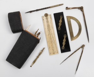 An antique pocket navigation kit in fish skin case, with whalebone, ebony and brass implements. Folding rule engraved "I. GILBERT, LONDON" (John Gilbert), 18th/19th century, the case 17cm high overall.