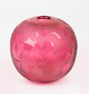 AMANDA LOUDEN Australian ruby glass spherical vase with floral acid etched cameo decoration, engraved "Amanda Louden, 1991", ​​​​​​​11cm high.