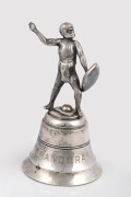 M.V. MANOORA (1935-1972) silver plated table bell with Aboriginal warrior finial, circa 1930's. The Manoora was a prominent Australian vessel built for the ADELAIDE STEAMSHIP COMPANY as a luxury passenger liner for the Cairns-Fremantle route. 15cm high.