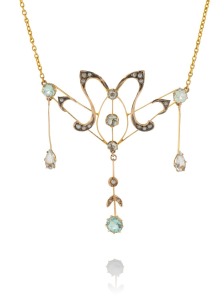 WILLIS & SONS of Melbourne antique 9ct gold negligee necklace, set with seed pearls and pale blue stones, early 20th century, the pendant section 6cm high, 5cm wide, 5.7 grams total.