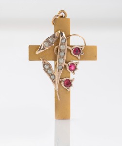 ARONSON & Co. of Melbourne antique 9ct gold cross pendant, set with seed pearls and red stones in floral motif, 19th/20th century, 3.7cm high, 2.6 grams.