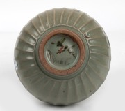 HAROLD HUGHAN celadon glazed pottery bowl, signed "Hughan" with impressed Glen Iris monogram, ​​​​​​​9cm high, 21cm wide. - 2