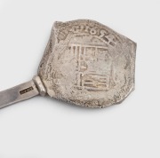 VERGULDE DRAECK (Gilt Dragon) shipwreck piece of eight silver coin mounted as a finial on a silver spoon engraved "VERGULDE DRAECK, LOST WEST AUSTRALIA 1656, PIECE OF EIGHT MINTED 1654", 20cm long, 64 grams. - 3