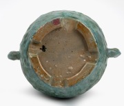 JOLLIFF green glazed two handled pottery vase with applied frieze, incised "Hand Built, Jolliff, 1936, F.E.C.", 17.5cm high. - 2