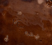 HARVEY SCHOOL pottery platter with applied gumnuts and leaves, incised "M.E. 1932", ​​​​​​​23cm wide. - 2