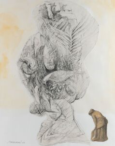 WENDY STAVRIANOS (1941 - ), Gathering Fragments, mixed media, signed lower left "Stavrianos, '03", 74 x 59cm, 100 x 82cm overall.