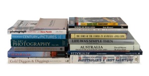 AUSTRALIAN PHOTOGRAPHY AND PHOTOGRAPHERS: A shelf of books including "Gold Diggers and Diggings" by Stone, "Tasmanian Photographers 1840-1940" by Long, "Alec Murray's Album" (with Bonython bookplate), "The Story of the Camera in Australia" by Cato, "Austr