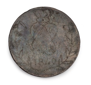 CONVICT LOVE TOKEN, created from a half-penny, engraved on one side "G. B." "R. B. 1840", surrounded by a flowering wreath and surmounted by a crown and on the reverse "Forget Me Not When I Am Far Away, April 10" with an illustration of a two hands shaking. Accompanied by research notes identifying the convict as George Barnes sentenced to transportation for life for manslaughter in 1840. He arrived in Van Diemen's Land aboard Asia I.