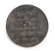 CONVICT LOVE TOKEN, created from a half-penny, engraved on one side "G. B." "R. B. 1840", surrounded by a flowering wreath and surmounted by a crown and on the reverse "Forget Me Not When I Am Far Away, April 10" with an illustration of a two hands shakin - 2
