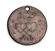 CONVICT LOVE TOKEN, created from a 1797 cartwheel penny (holed), engraved on the front with two intertwined hearts with piercing arrows, the date 1819 above and "7 YEARS" below, the reverse engraved "SANDS LEES 29th JULY, 1819, NOTTS.". Accompanied by re